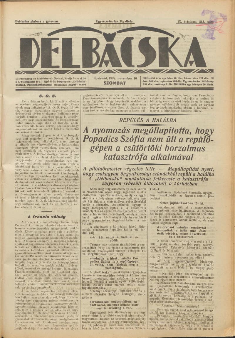 Délbácska, 9. évf. 1928. november 10. 263. sz.