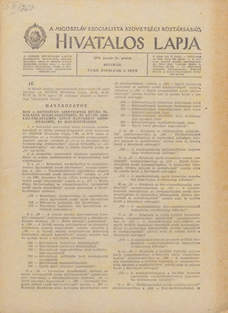 A Jugoszláv Szocialista Szövetségi Köztársaság Hivatalos Lapja, 32. évf. 1976. január 23. 3. sz. 57–64. oldal