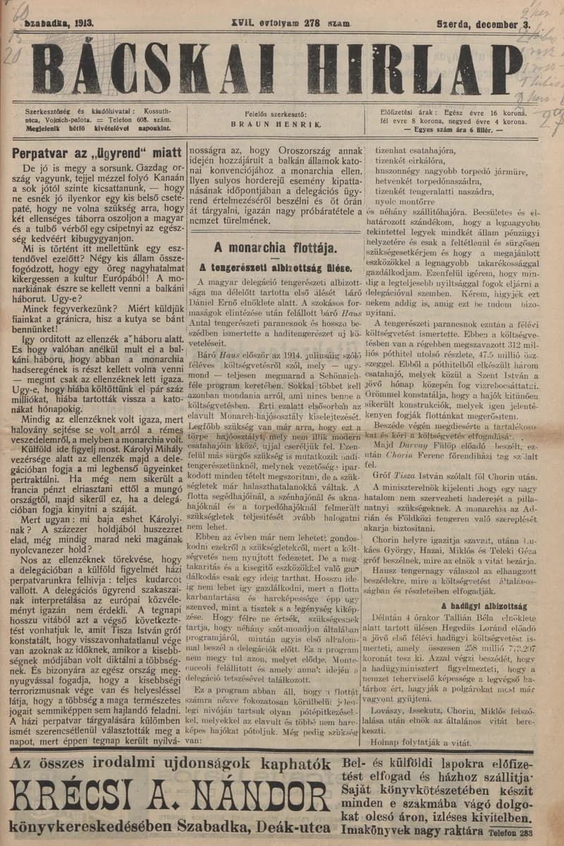 Bácskai Hirlap, 17. évf. 1913. december 3. 278. sz.