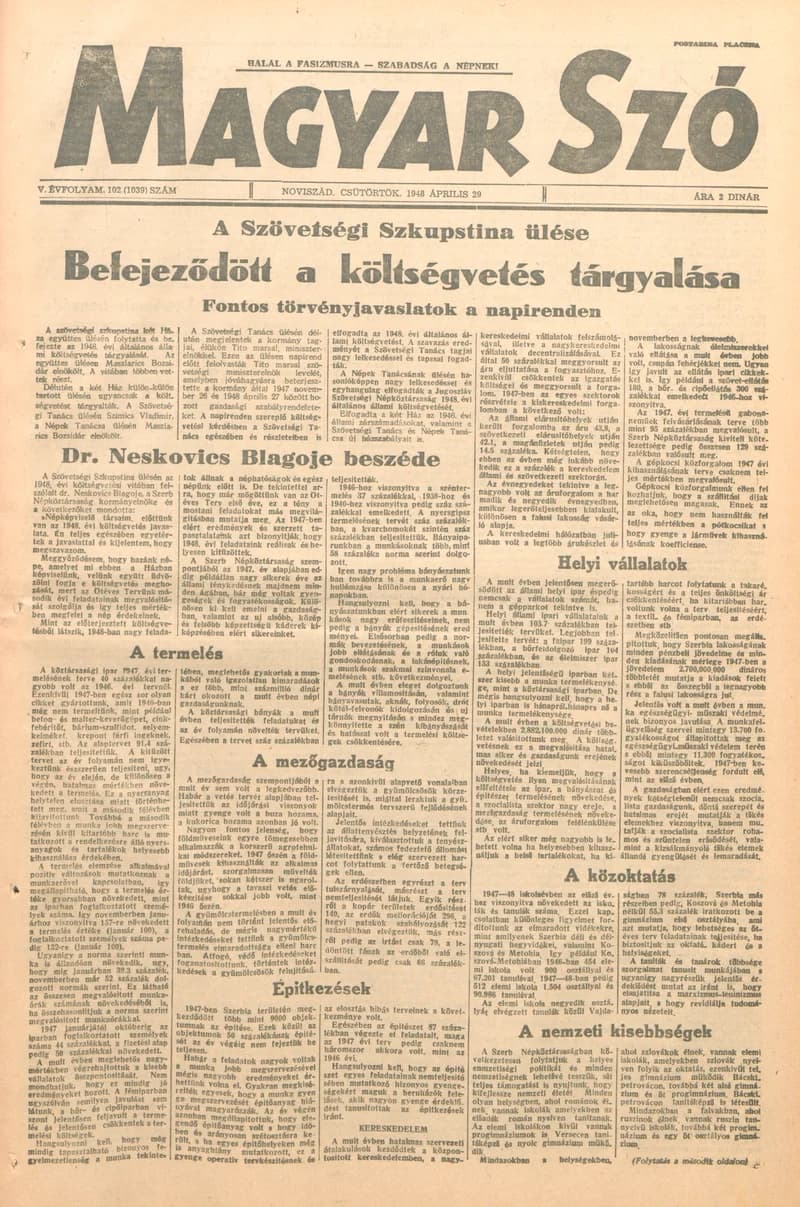 Magyar Szó, 5. évf. 1948. április 29. 102. sz. 1–6. oldal