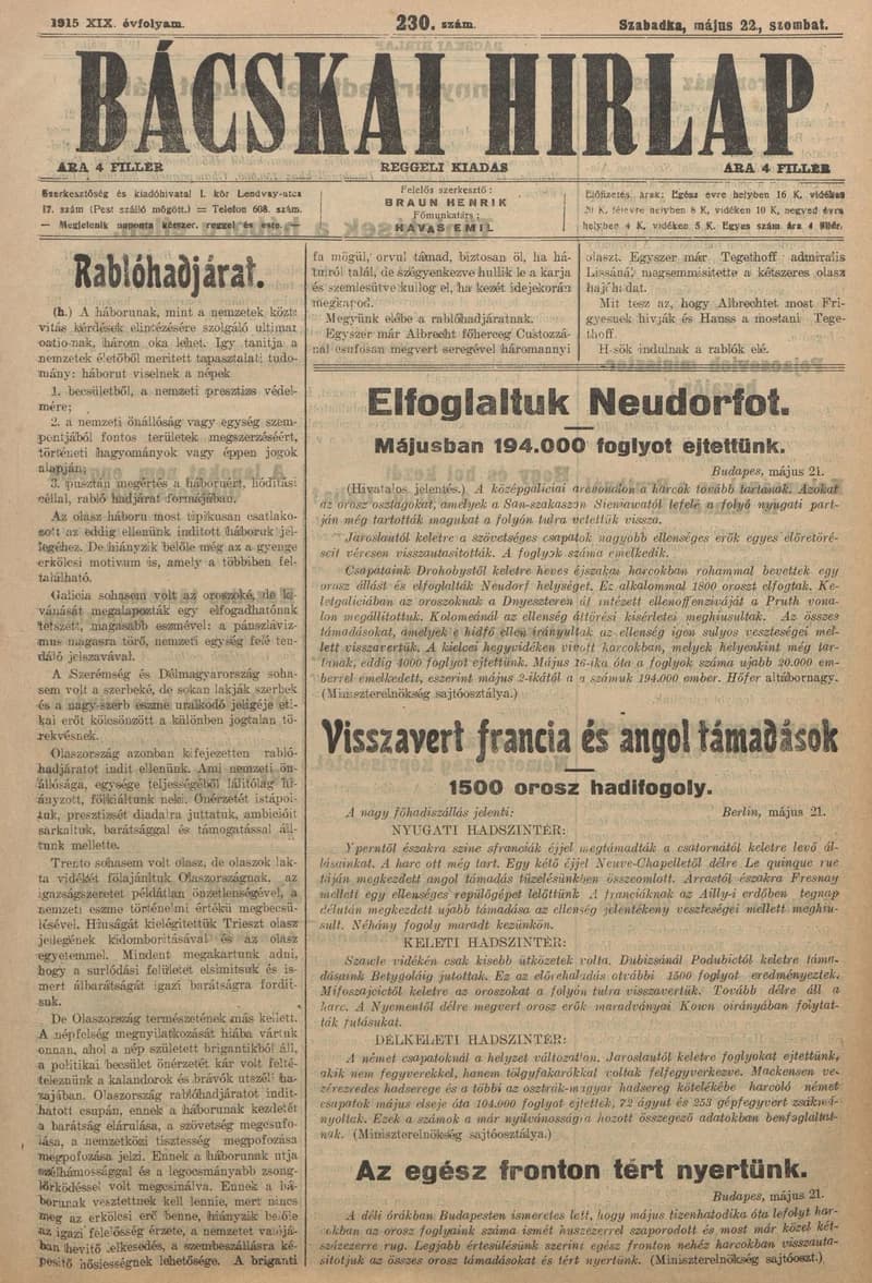 Bácskai Hirlap, 19. évf. 1915. május 22. 230. sz.