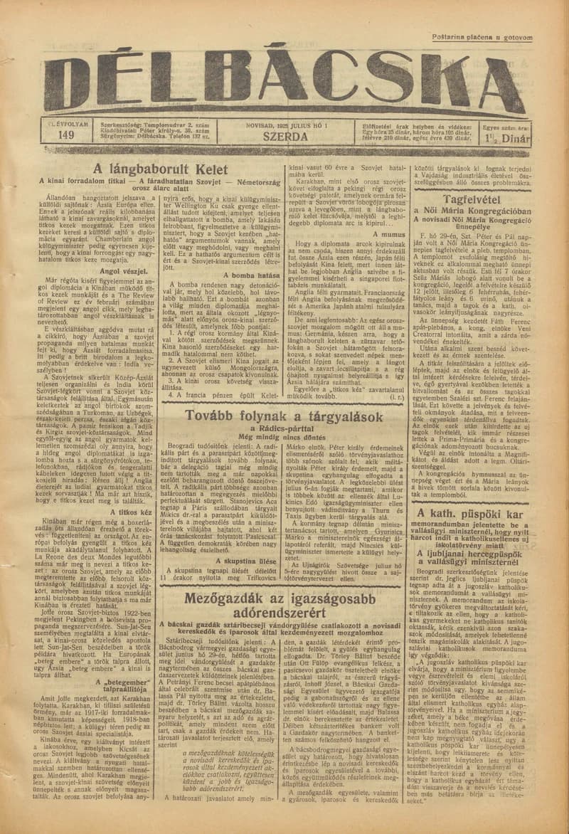 Délbácska, 6. évf. 1925. július 1. 149. sz.