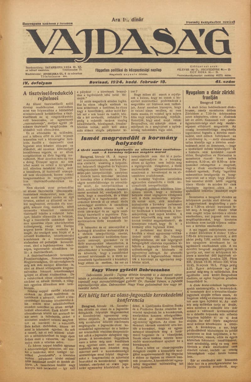 Vajdaság, 4. évf. 1924. február 19. 41. sz.