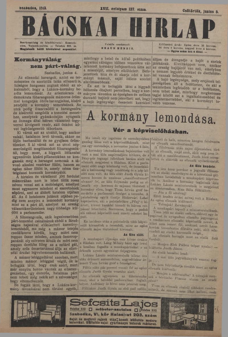 Bácskai Hirlap, 17. évf. 1913. június 5. 127. sz.