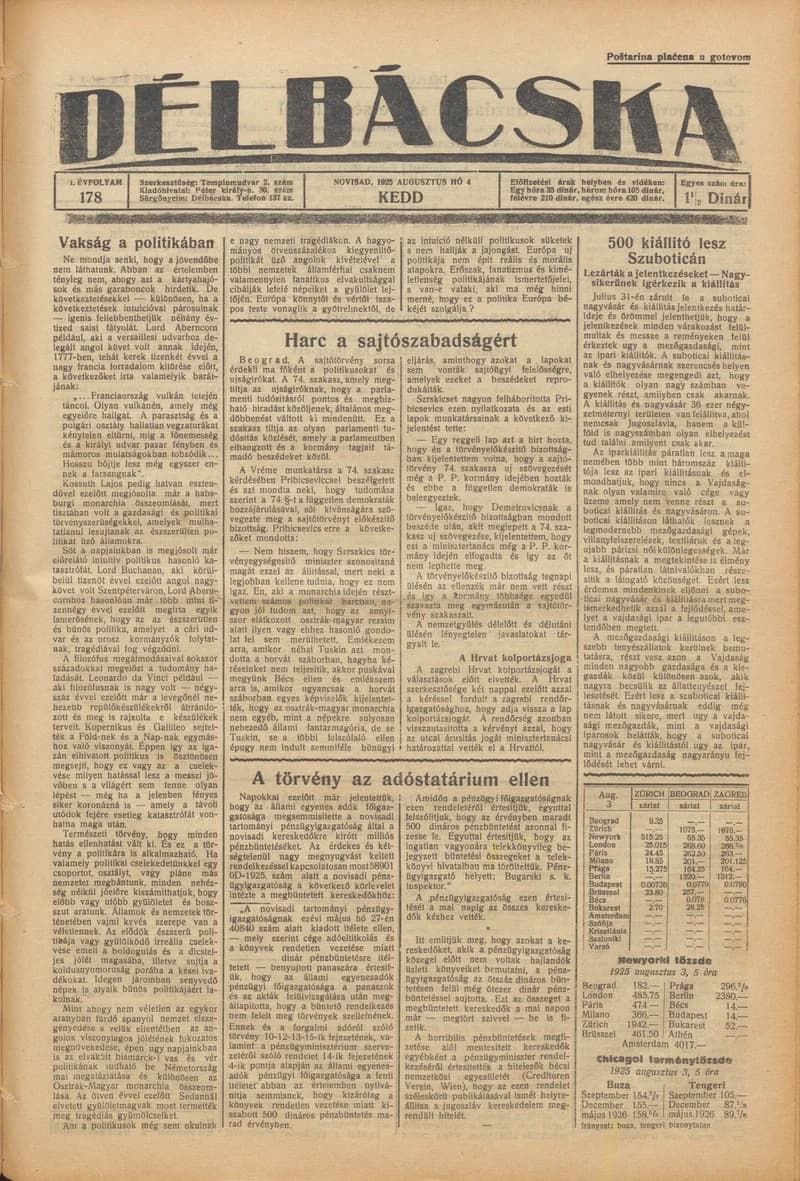 Délbácska, 6. évf. 1925. augusztus 4. 178. sz.