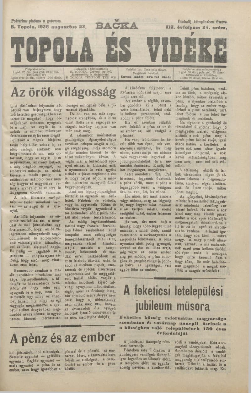 Bačka Topola és Vidéke, 13. évf. 1936. augusztus 23. 34. sz.