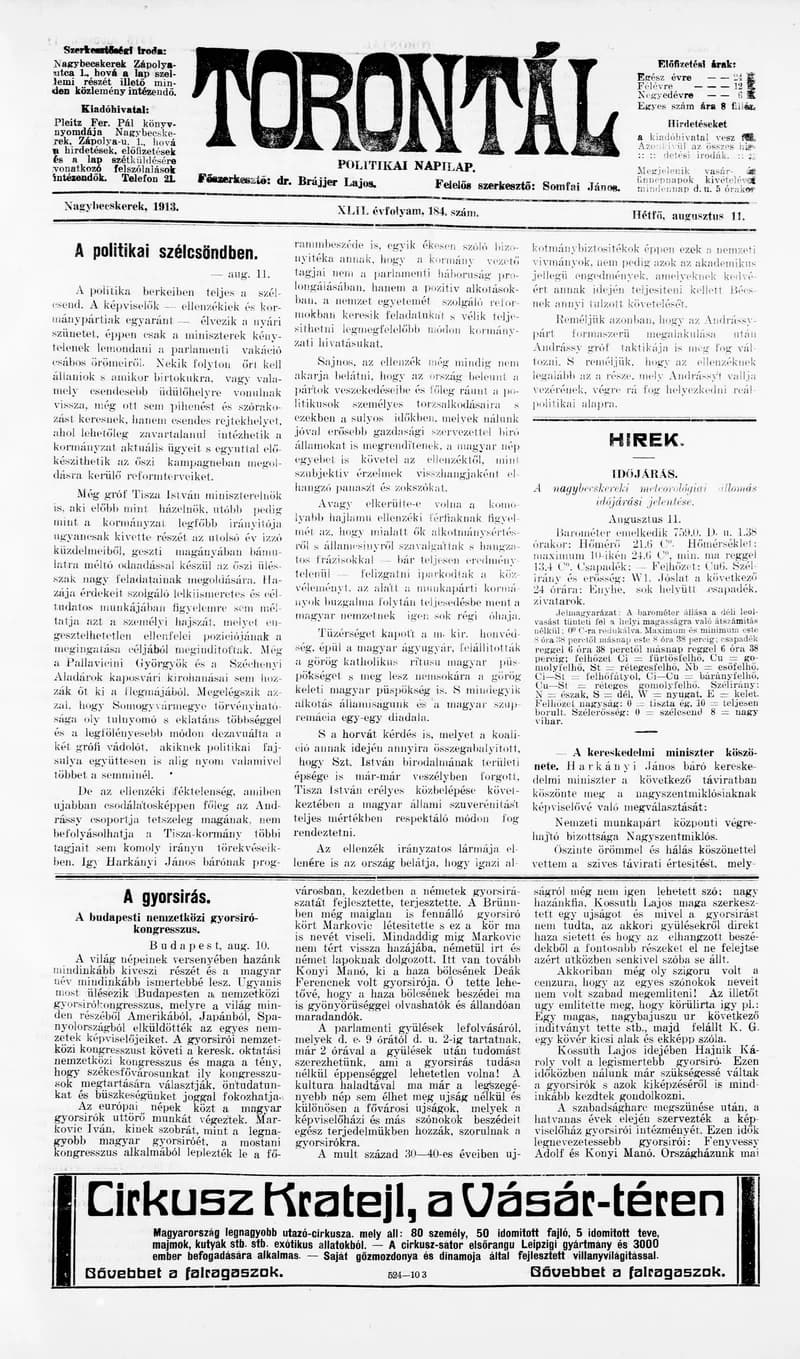 Torontál, 42. évf. 1913. augusztus 11. 184. sz.