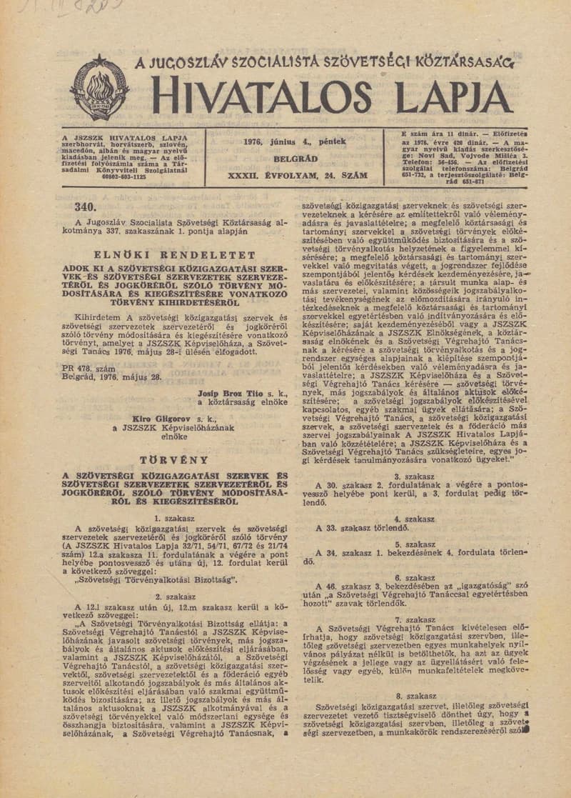 A Jugoszláv Szocialista Szövetségi Köztársaság Hivatalos Lapja, 32. évf. 1976. június 4. 24. sz. 581–604. oldal