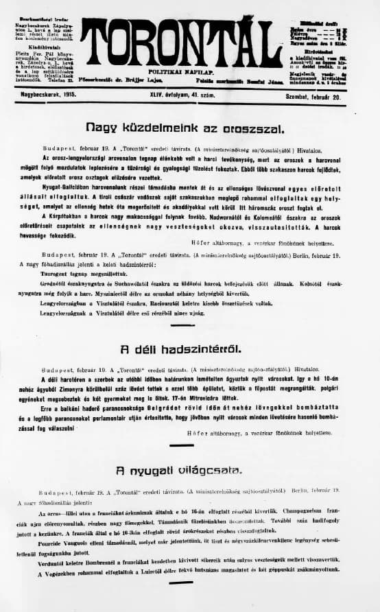 Torontál, 44. évf. 1915. február 20. 41. sz.