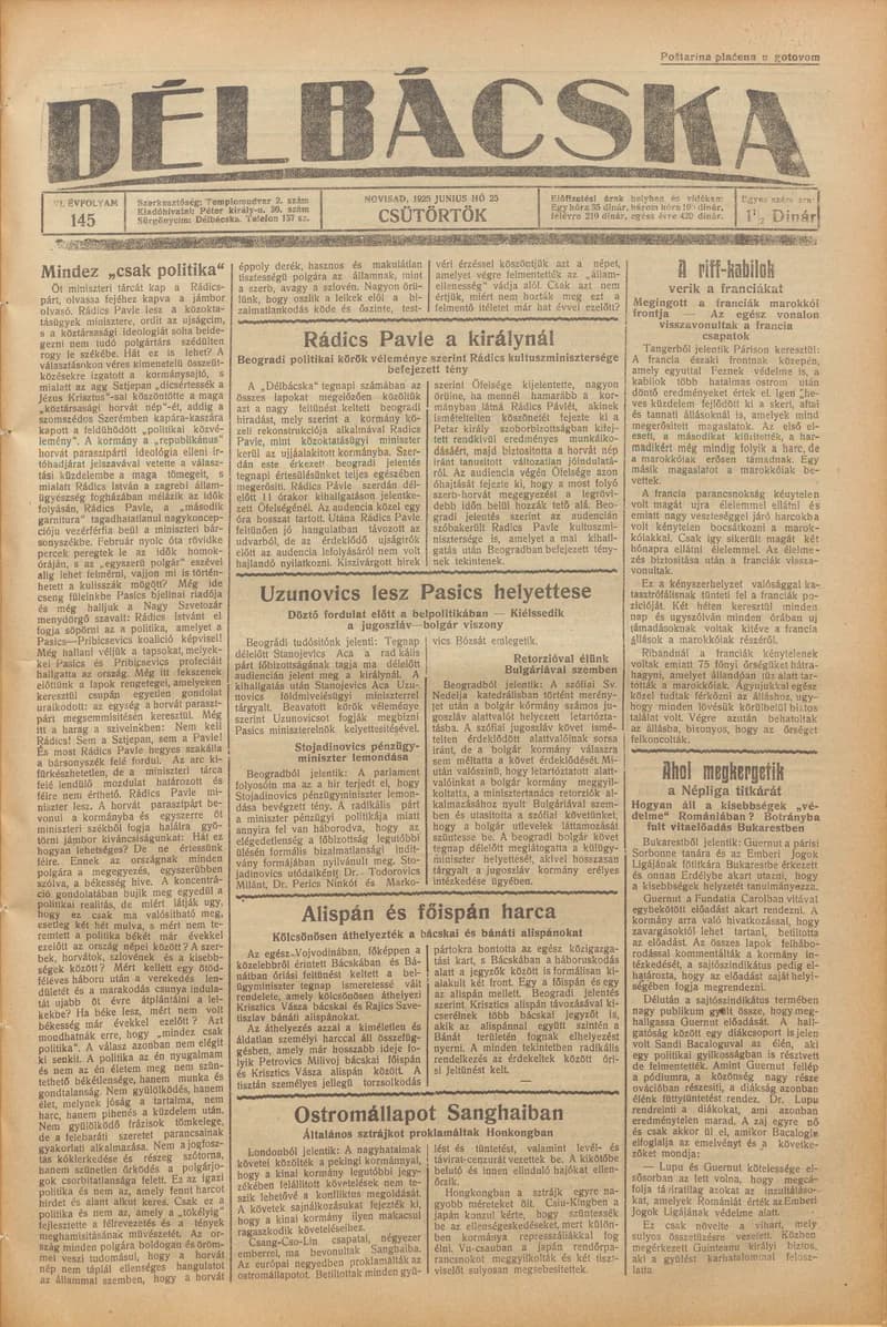 Délbácska, 6. évf. 1925. június 25. 145. sz.