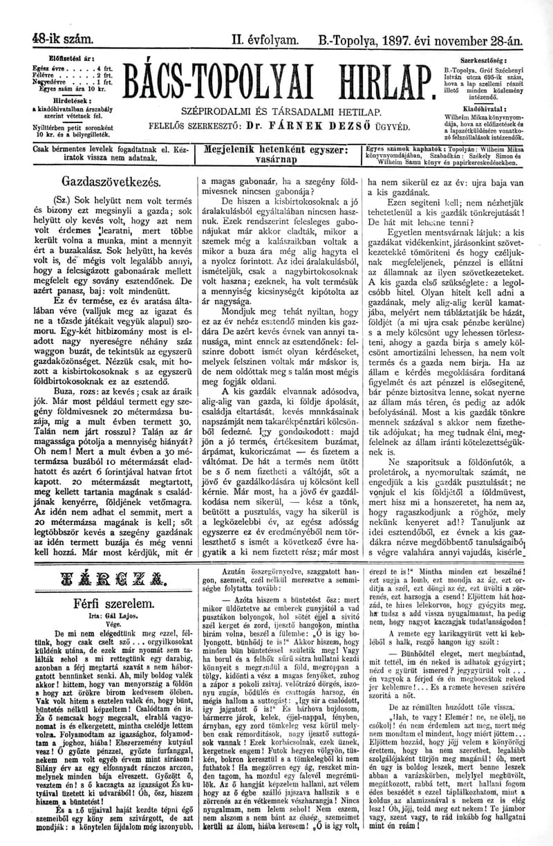 Bács-Topolyai Hirlap, 2. évf. 1897. november 28. 48. sz.