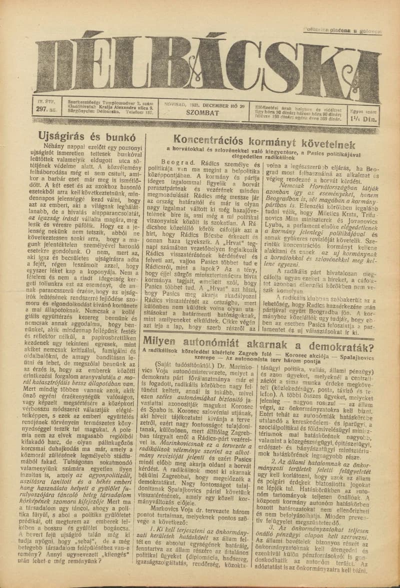 Délbácska, 4. évf. 1923. december 29. 297. sz.