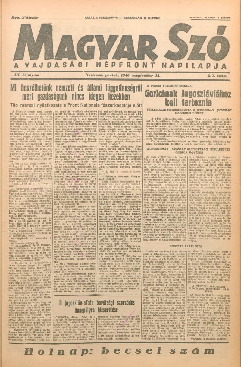 Magyar Szó, 3. évf. 1946. szeptember 13. 217. sz. 1–6. oldal