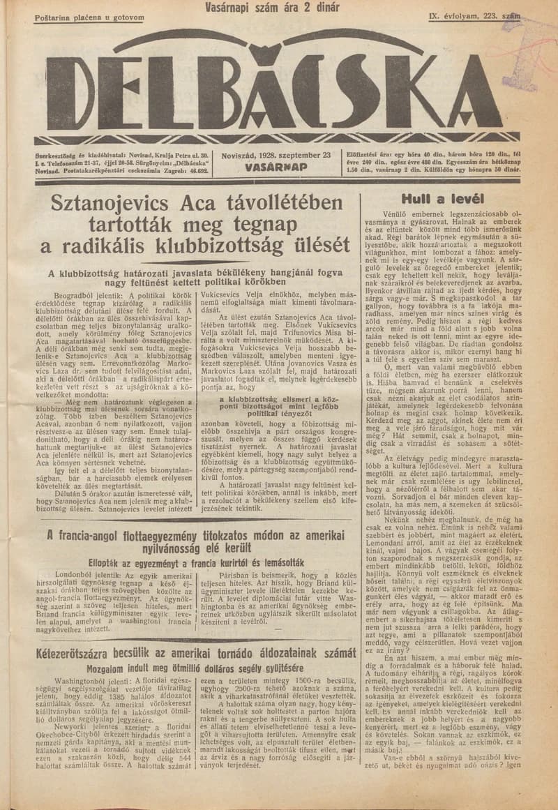 Délbácska, 9. évf. 1928. szeptember 23. 223. sz.