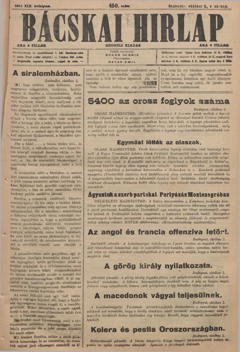 Bácskai Hirlap, 19. évf. 1915. október 3. 450. sz.