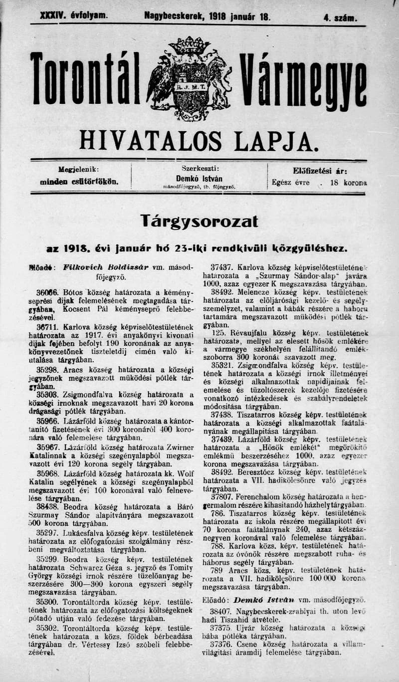 Torontál Vármegye Hivatalos Lapja, 34. évf. 1918. január 18. 4. sz.