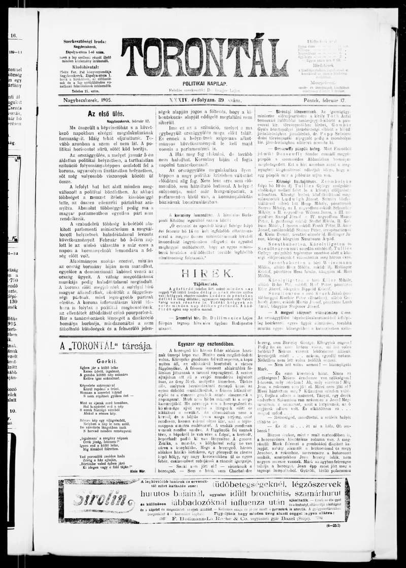Torontál, 34. évf. 1905. február 17. 39. sz.