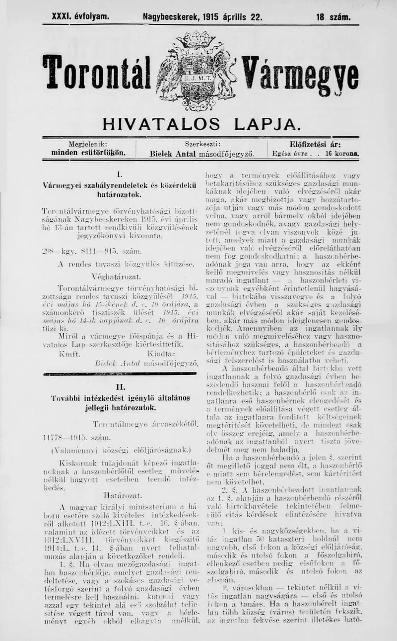 Torontál Vármegye Hivatalos Lapja, 31. évf. 1915. április 22. 18. sz.