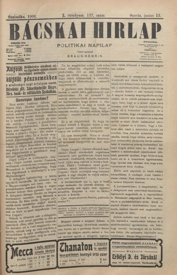 Bácskai Hirlap, 10. évf. 1906. június 13. 137. sz.
