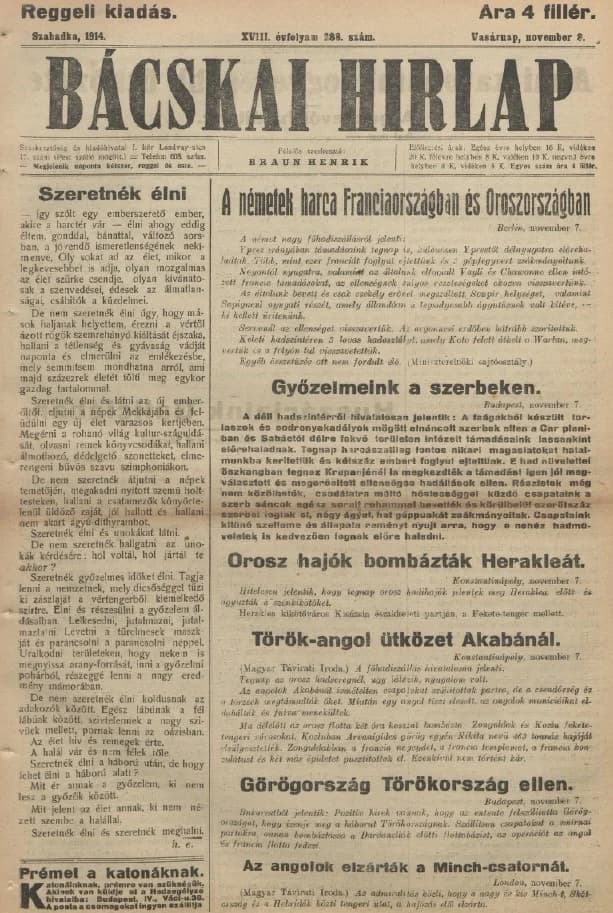 Bácskai Hirlap, 18. évf. 1914. november 8. 288. sz.
