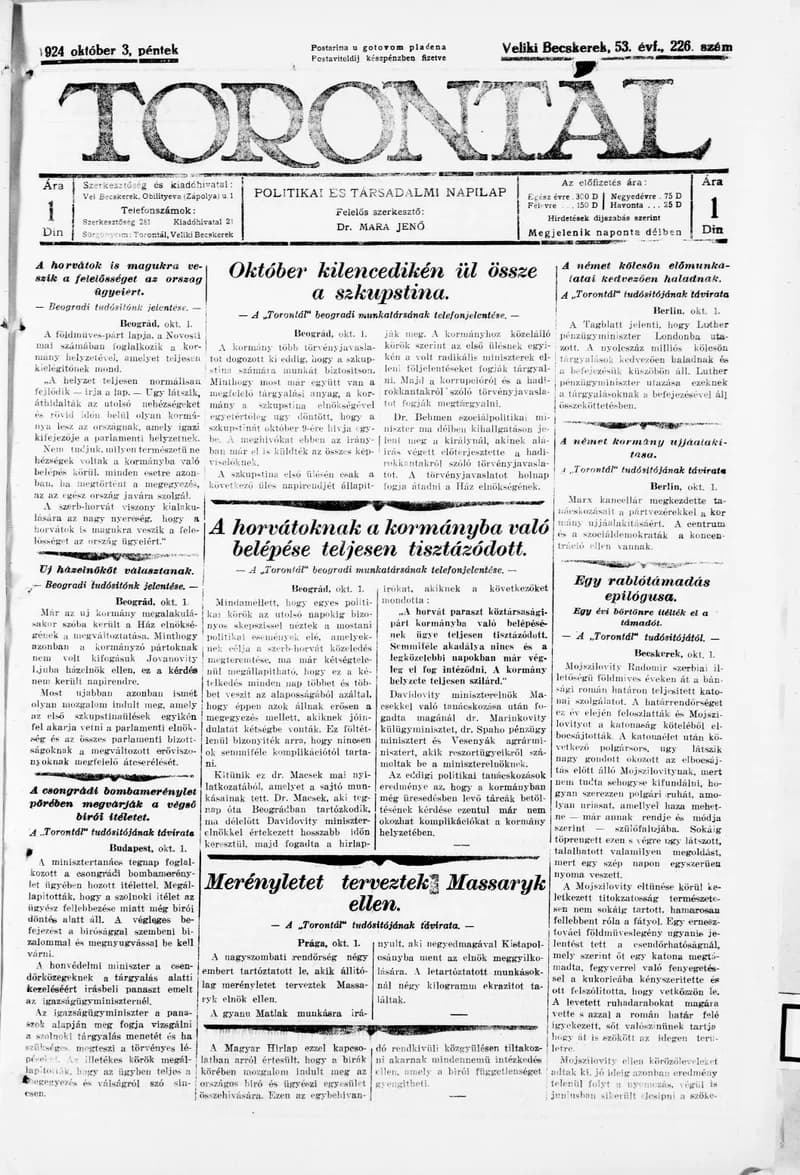 Torontál, 53. évf. 1924. október 3. 226. sz.