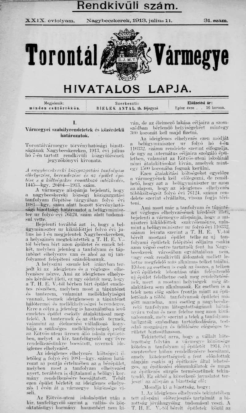 Torontál Vármegye Hivatalos Lapja, 29. évf. 1913. július 11. 31. sz.
