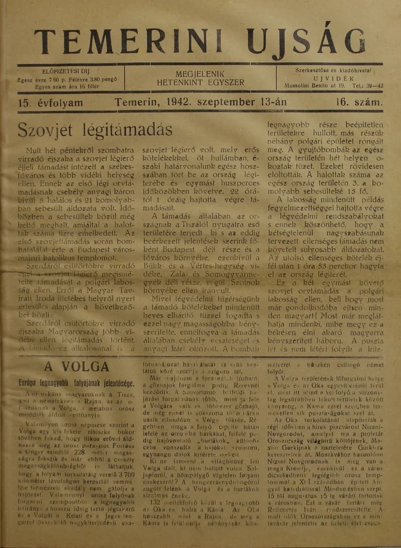 Temerini Újság 1928-1944, 15. évf. 1942. szeptember 13. 16. sz.
