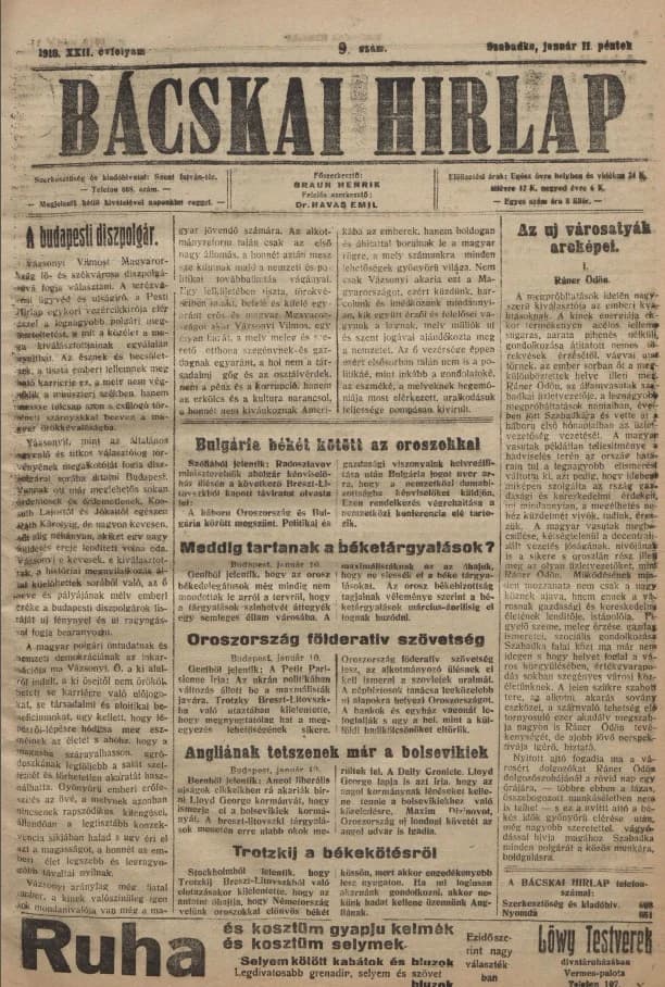 Bácskai Hirlap, 22. évf. 1918. január 11. 9. sz.