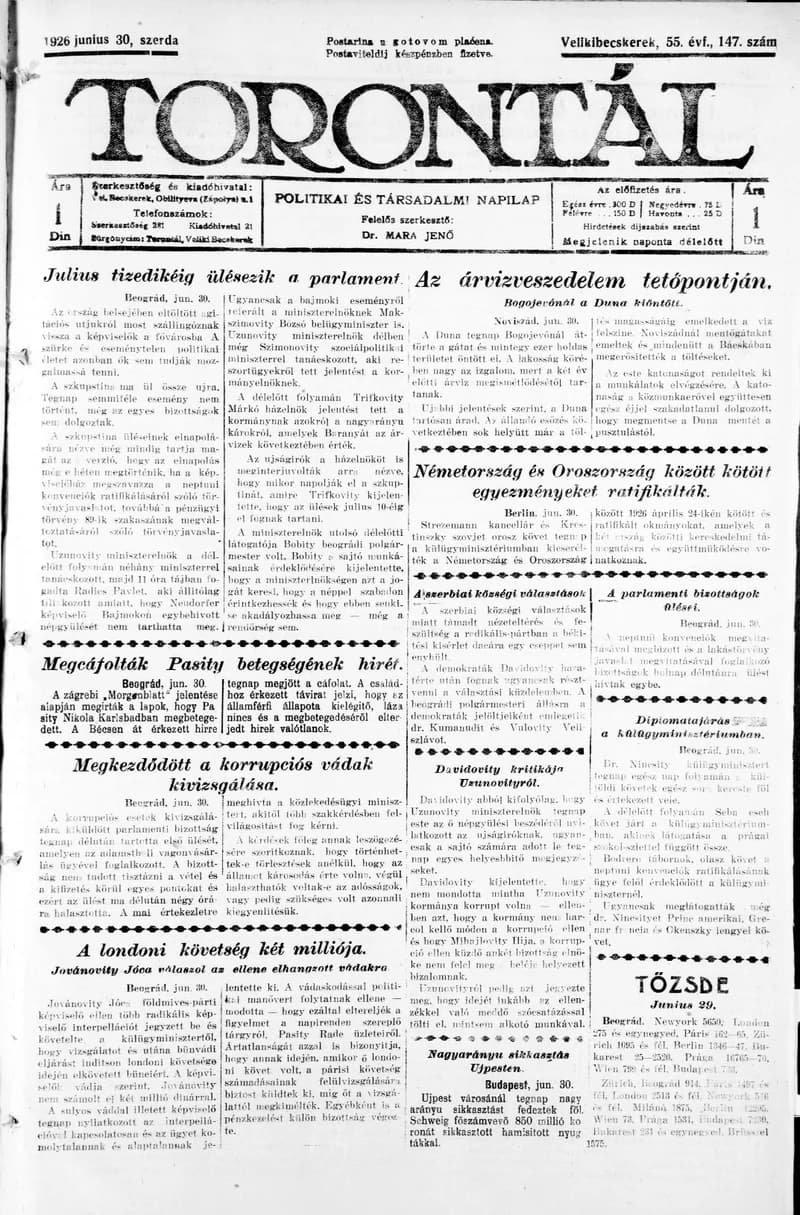 Torontál, 55. évf. 1926. június 30. 147. sz.