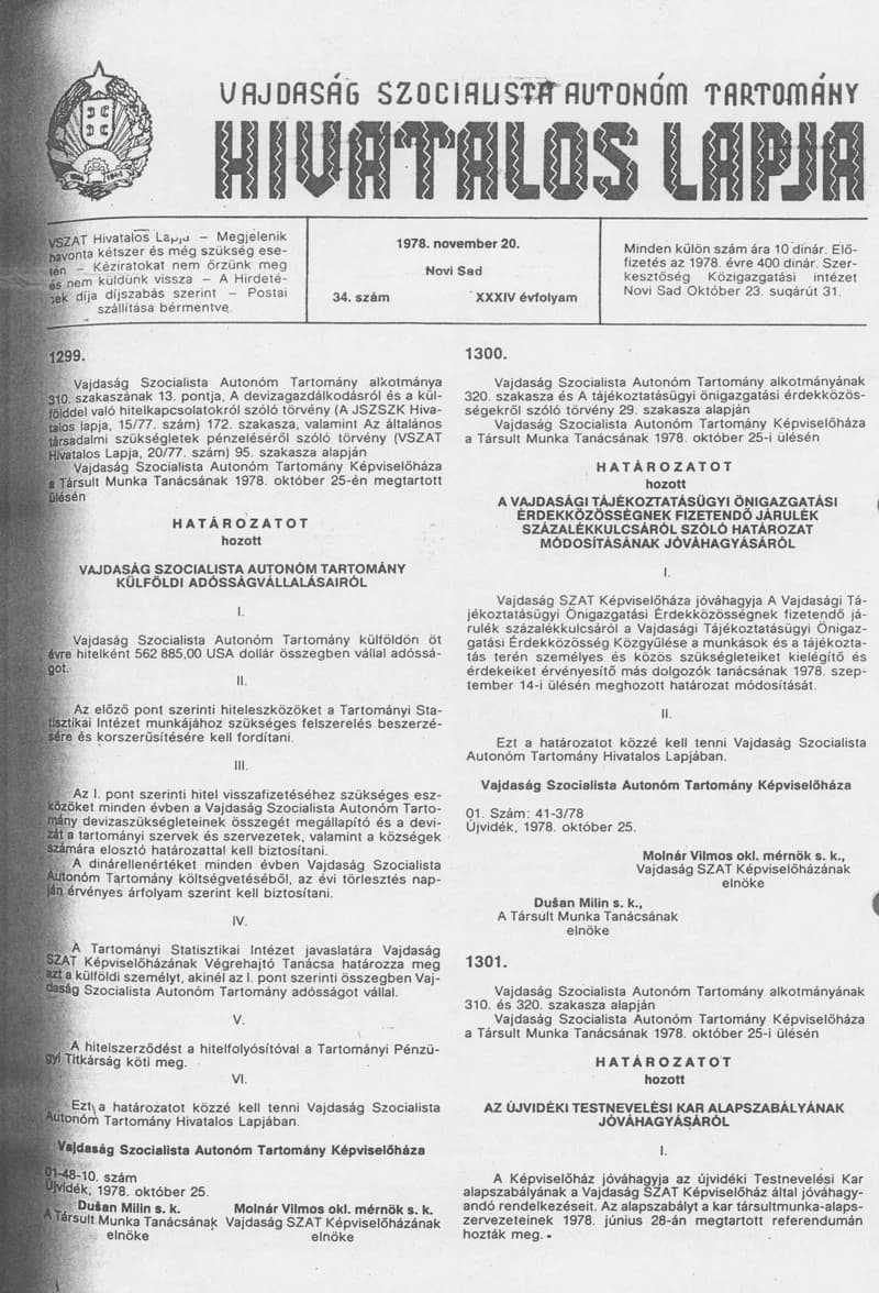 Vajdaság Szocialista Autonóm Tartomány Hivatalos Lapja, 34. évf. 1978. november 20. 34. sz. 1481–1496. oldal
