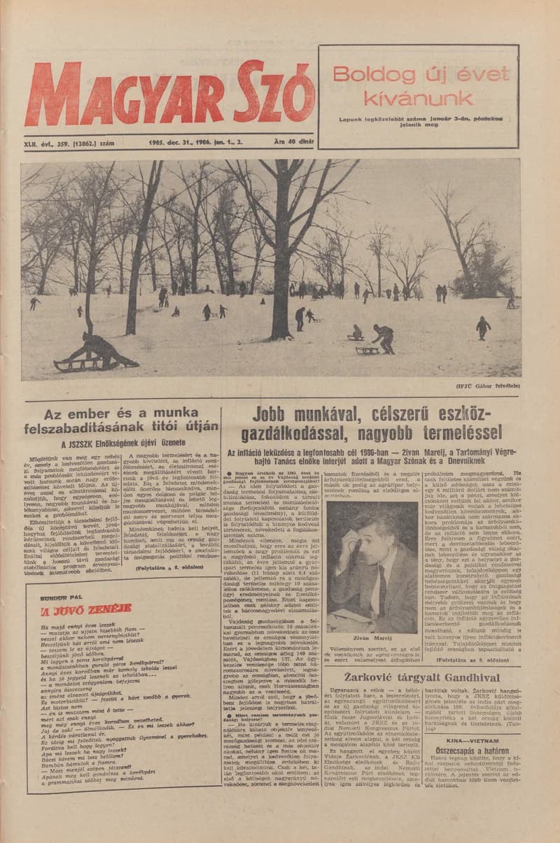 Magyar Szó, 42. évf. 1985. december 31. – 1986. január 2. 359. sz. 1–36. oldal