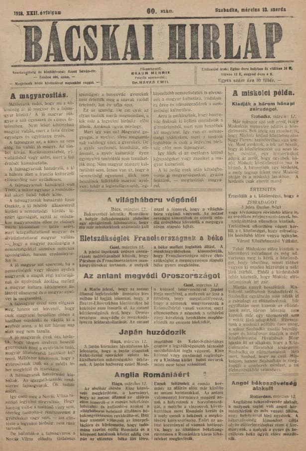 Bácskai Hirlap, 22. évf. 1918. március 13. 60. sz.