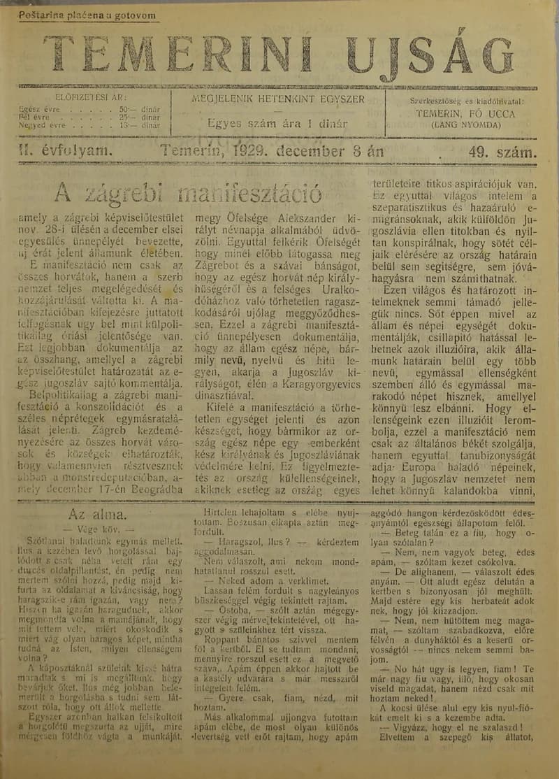 Temerini Újság 1928-1944, 2. évf. 1929. december 8. 49. sz.