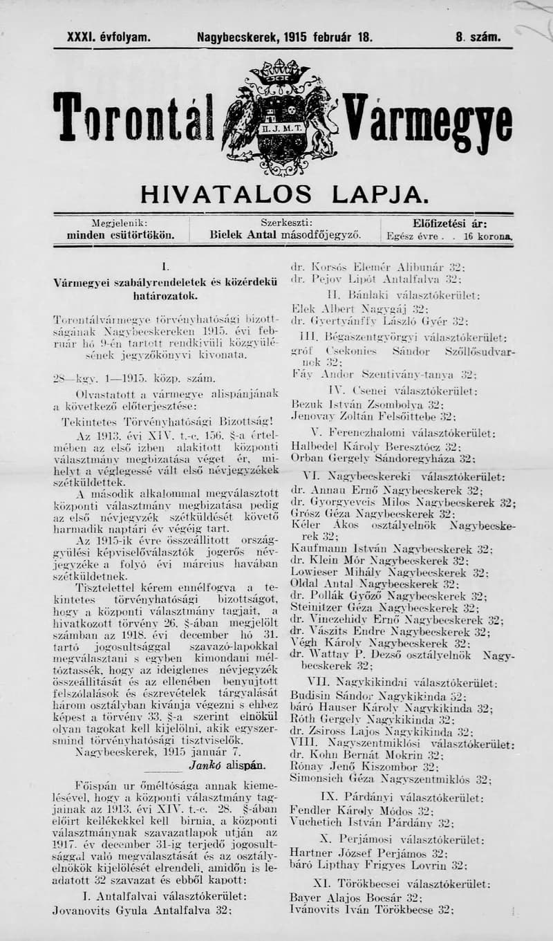 Torontál Vármegye Hivatalos Lapja, 31. évf. 1915. február 18. 8. sz.