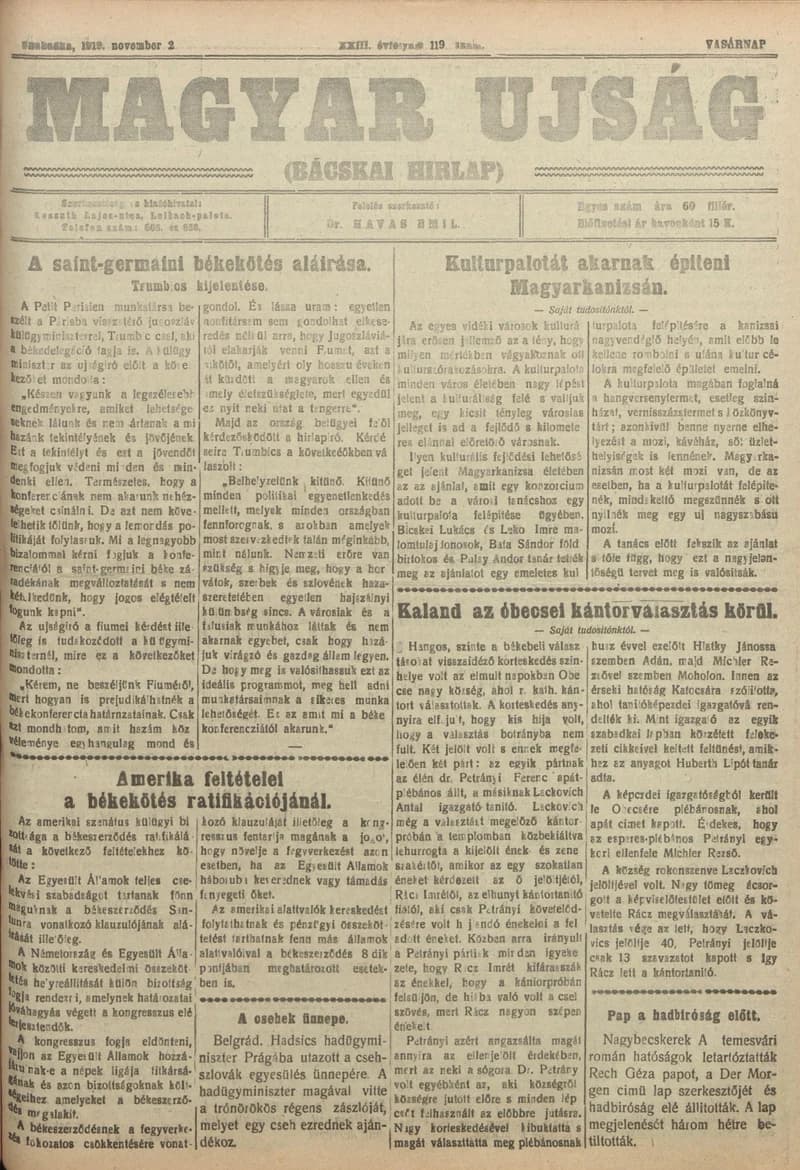 Bácskai Hirlap, 23. évf. 1919. november 2. 119. sz.