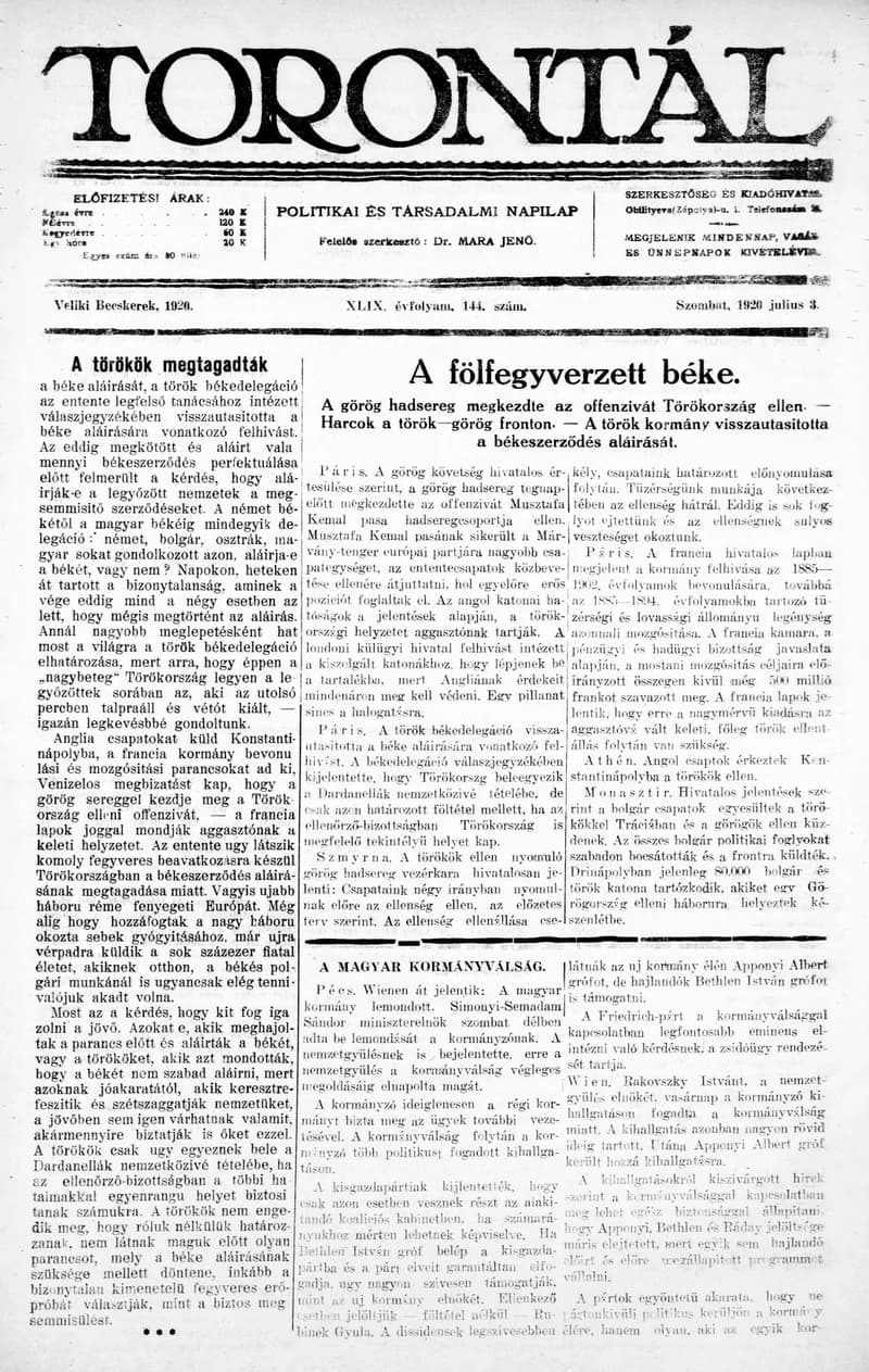 Torontál, 49. évf. 1920. július 3. 144. sz.
