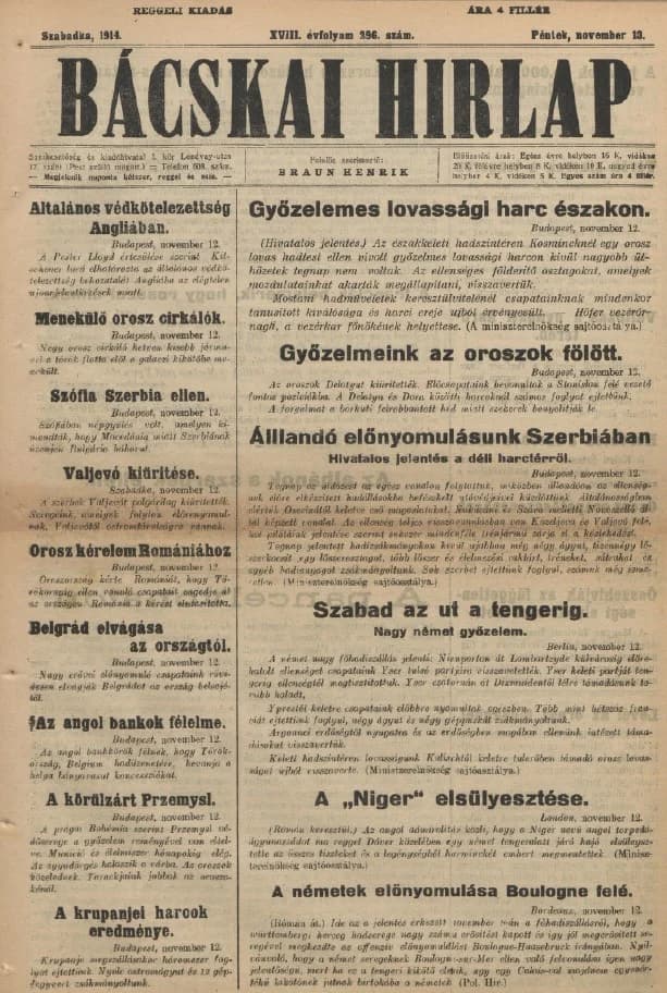 Bácskai Hirlap, 18. évf. 1914. november 13. 296. sz.