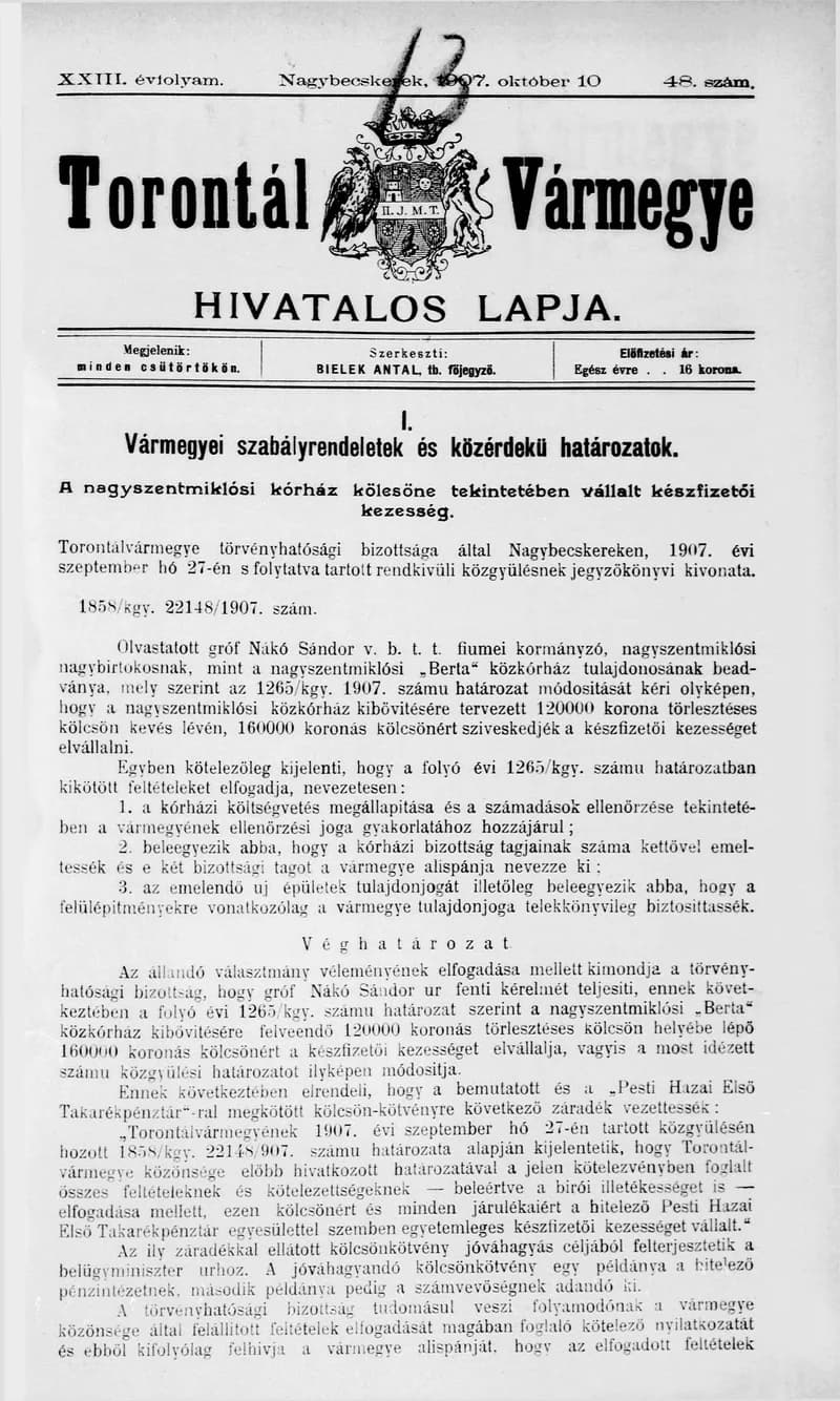 Torontál Vármegye Hivatalos Lapja, 23. évf. 1907. október 10. 48. sz.