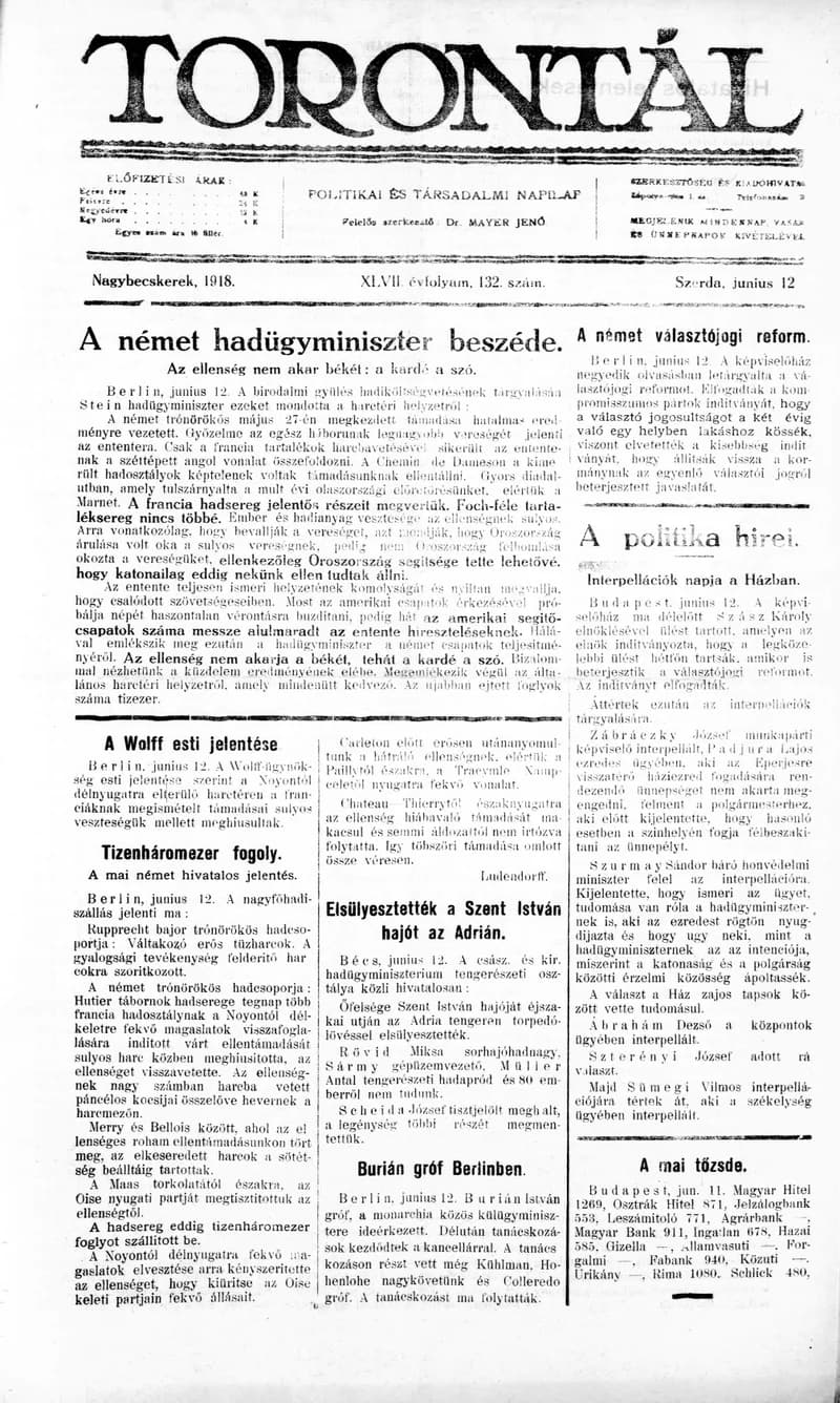Torontál, 47. évf. 1918. június 12. 132. sz.