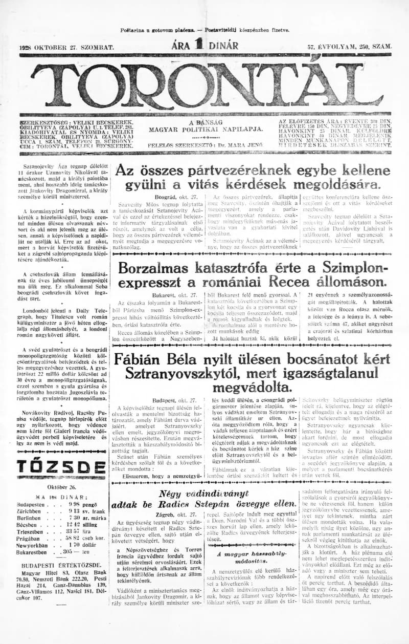 Torontál, 57. évf. 1928. október 27. 250. sz.
