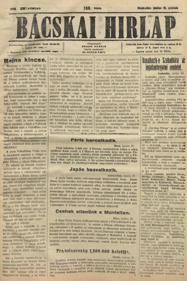 Bácskai Hirlap, 22. évf. 1918. június 21. 140. sz.