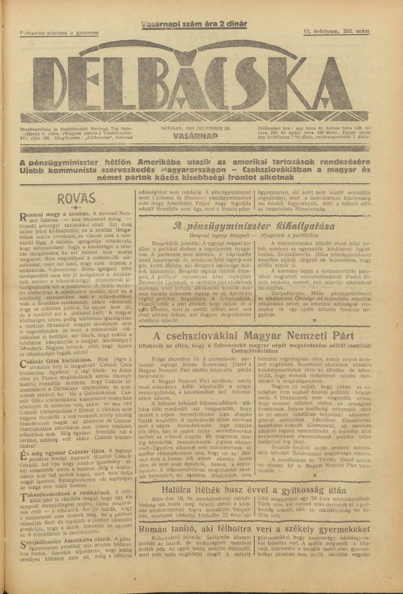 Délbácska, 6. évf. 1925. december 20. 293. sz.