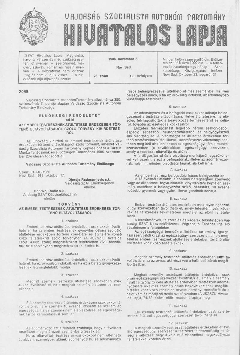 Vajdaság Szocialista Autonóm Tartomány Hivatalos Lapja, 42. évf. 1986. november 5. 26. sz.