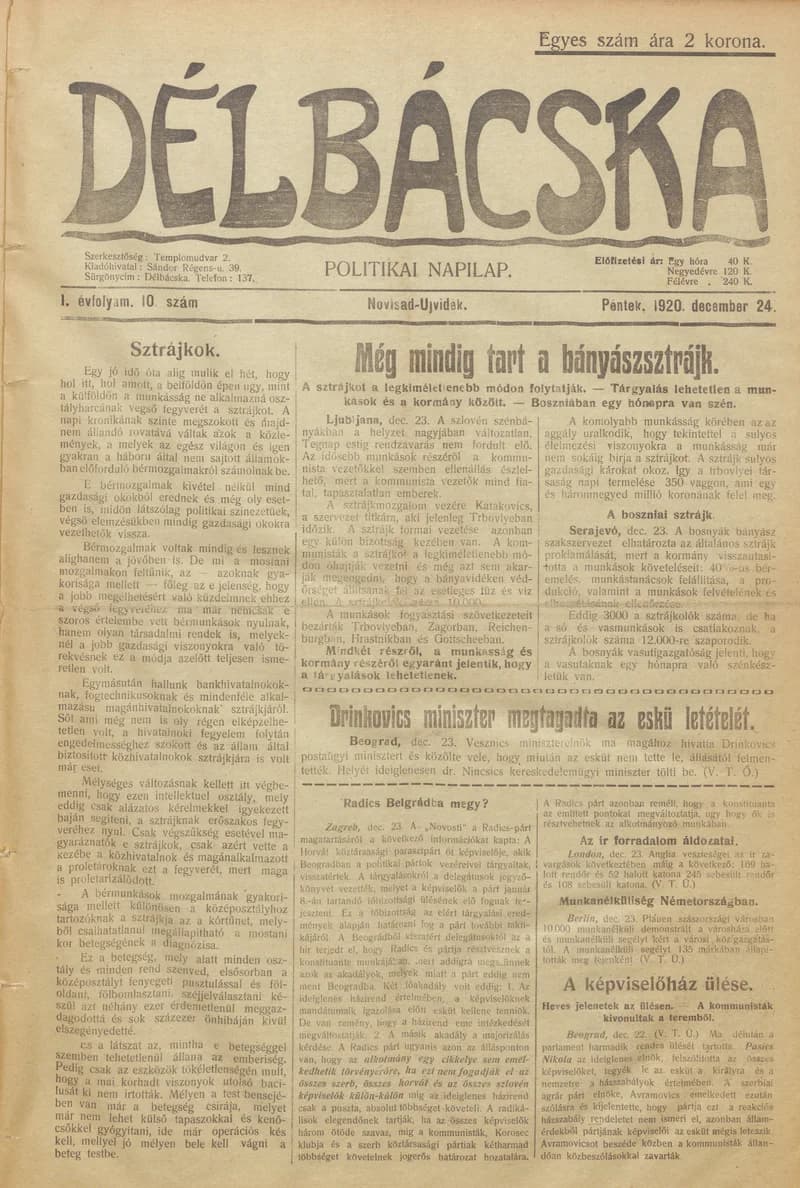 Délbácska, 1. évf. 1920. december 24. 10. sz.