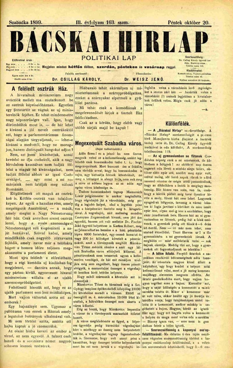 Bácskai Hirlap, 3. évf. 1899. október 20. 163. sz.