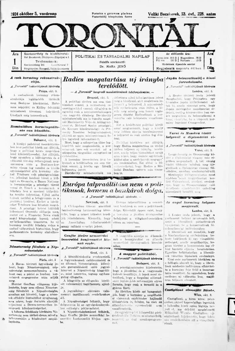 Torontál, 53. évf. 1924. október 5. 228. sz.
