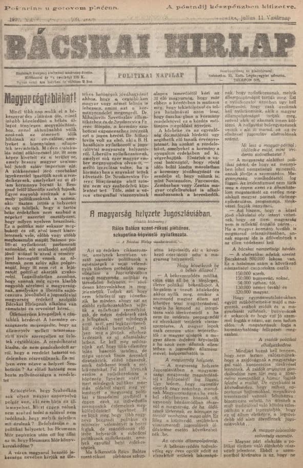 Bácskai Hirlap, 24. évf. 1920. július 11. 109. sz.