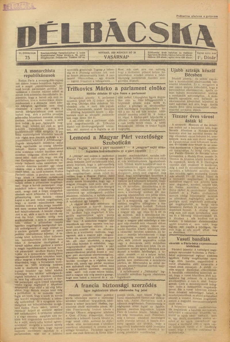 Délbácska, 6. évf. 1925. március 29. 75. sz.