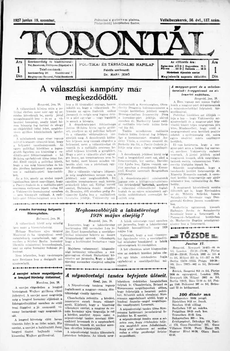 Torontál, 56. évf. 1927. június 18. 137. sz.