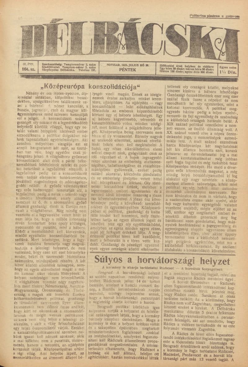 Délbácska, 4. évf. 1923. július 20. 164. sz.